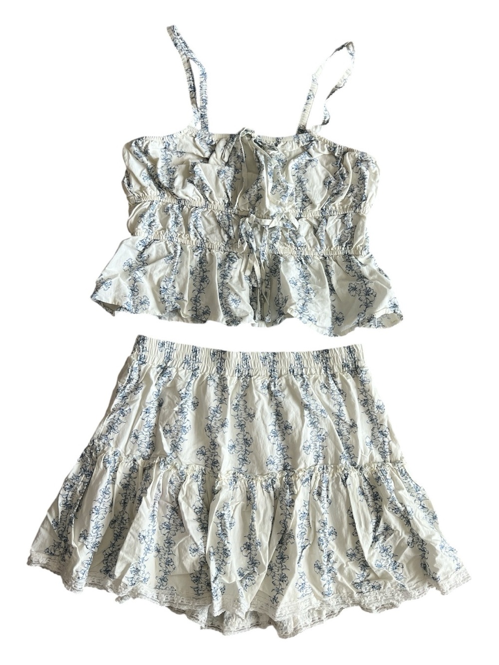 Celebrity Pink White Two-Piece Ruffle Tank and Skirt Set with Blue Floral Print